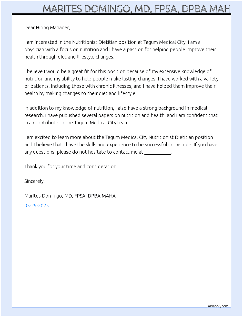 Nutritionist Dietitian At Tagum Medical City  Cover Letter