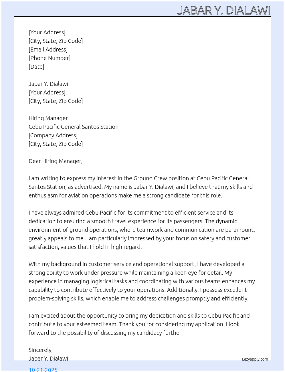 Ground crew At Cebu Pacific General Santos Station Cover Letter