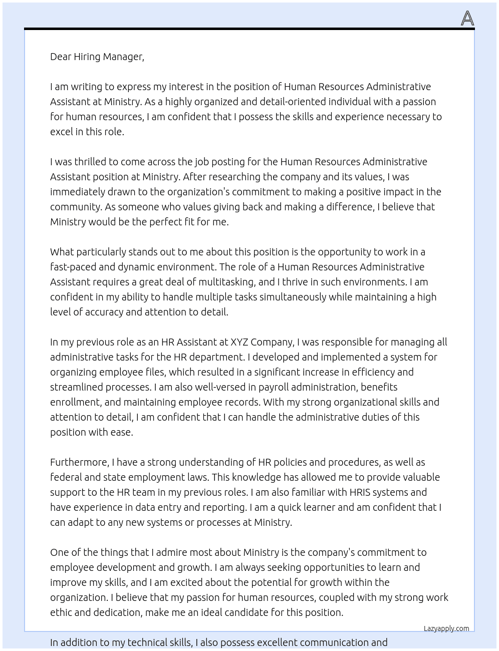 Human Resources Administrative Assistant At Ministry Cover Letter