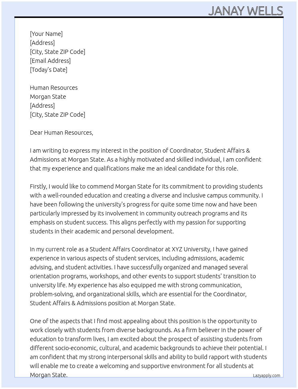 Application for Coordinator, Student Affairs & Admissions  At Morgan State Cover Letter