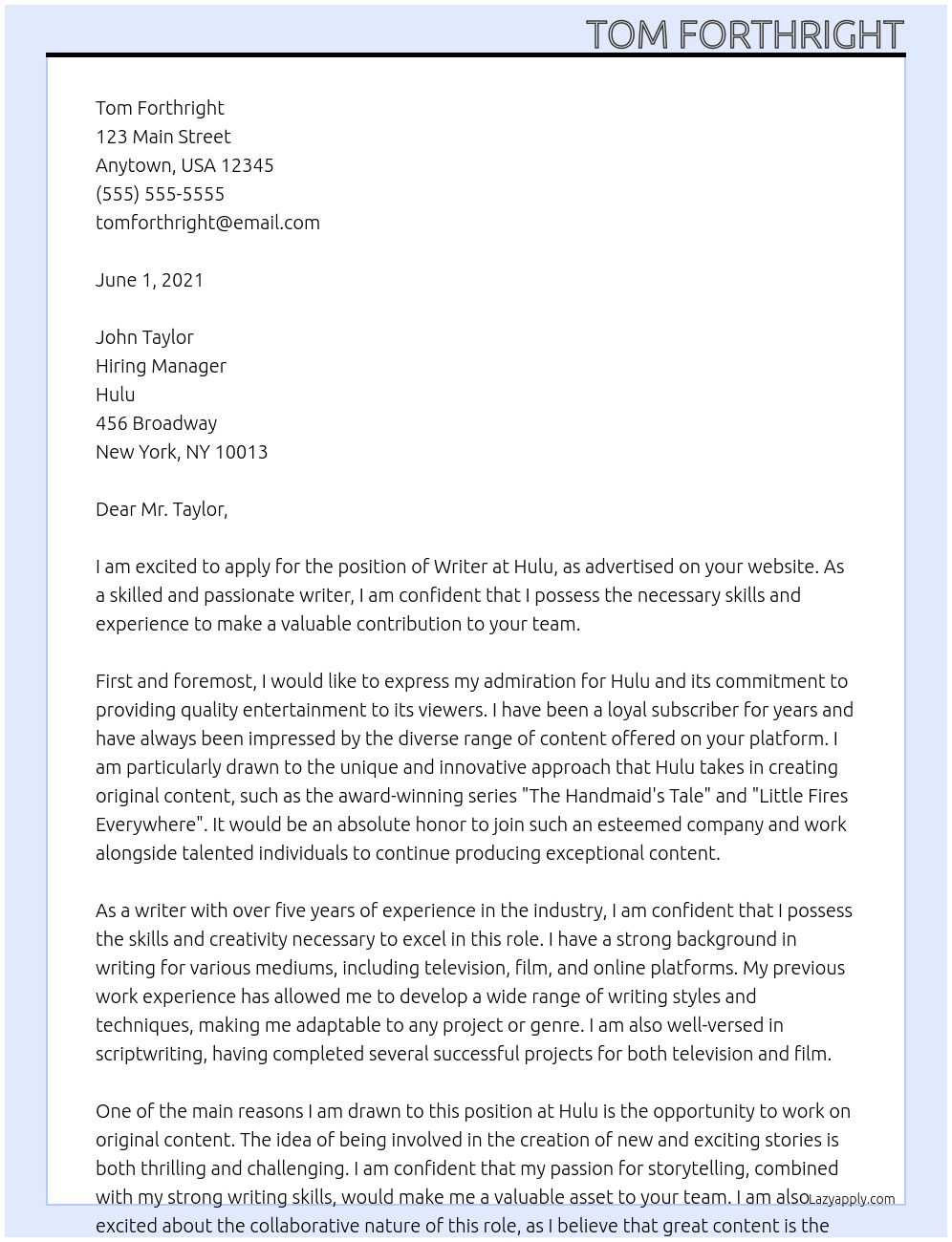 Writer At Hulu Cover Letter