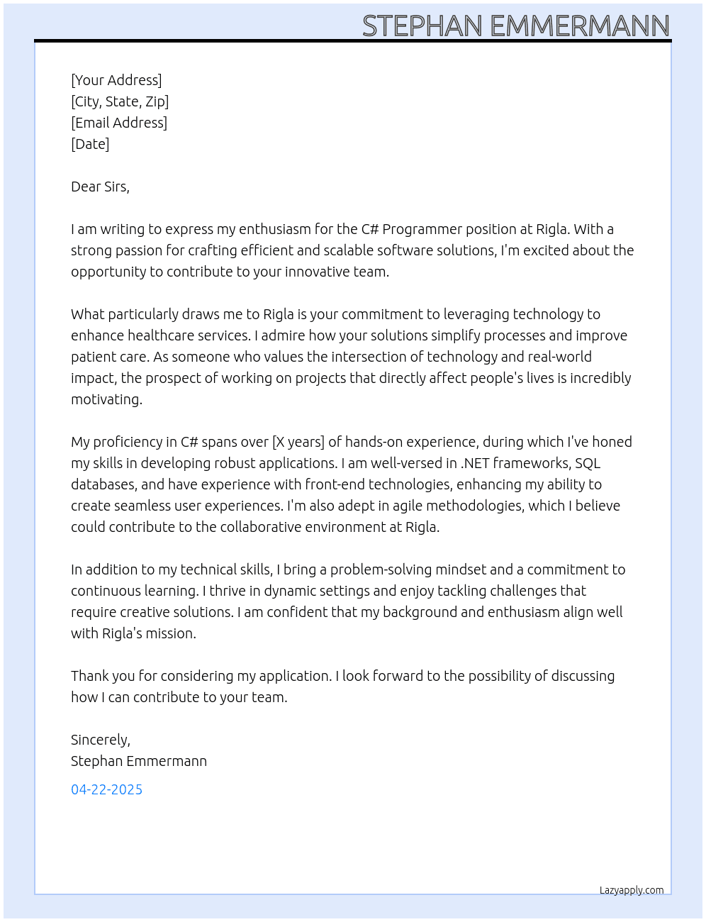 c# programmer At Rigla Cover Letter