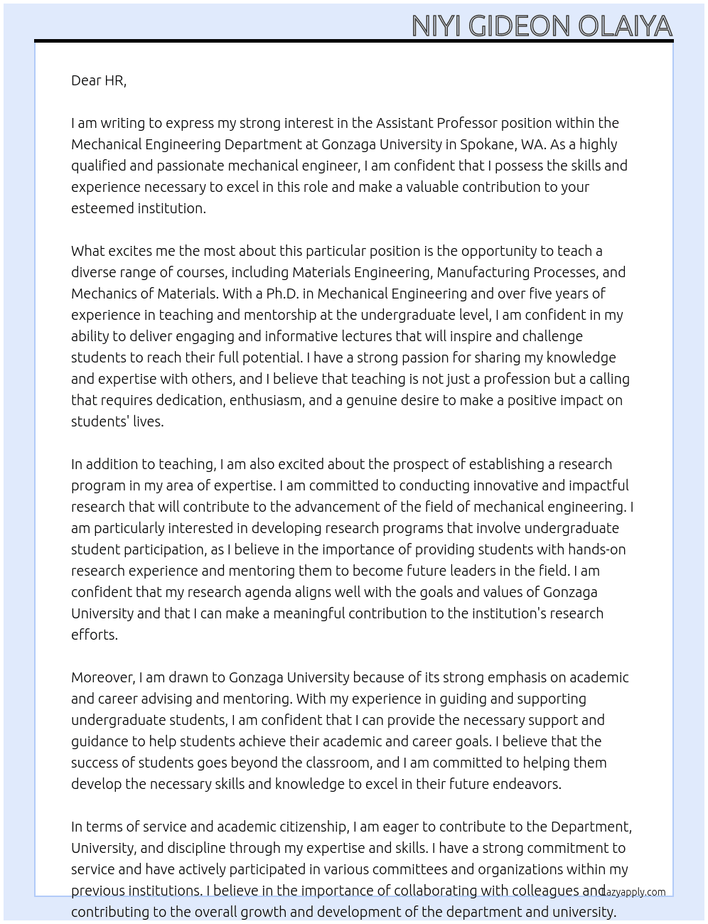 Assistant Professor, Mechanical Engineering At Mechanical Engineering Department at Gonzaga University in Spokane, W Cover Letter
