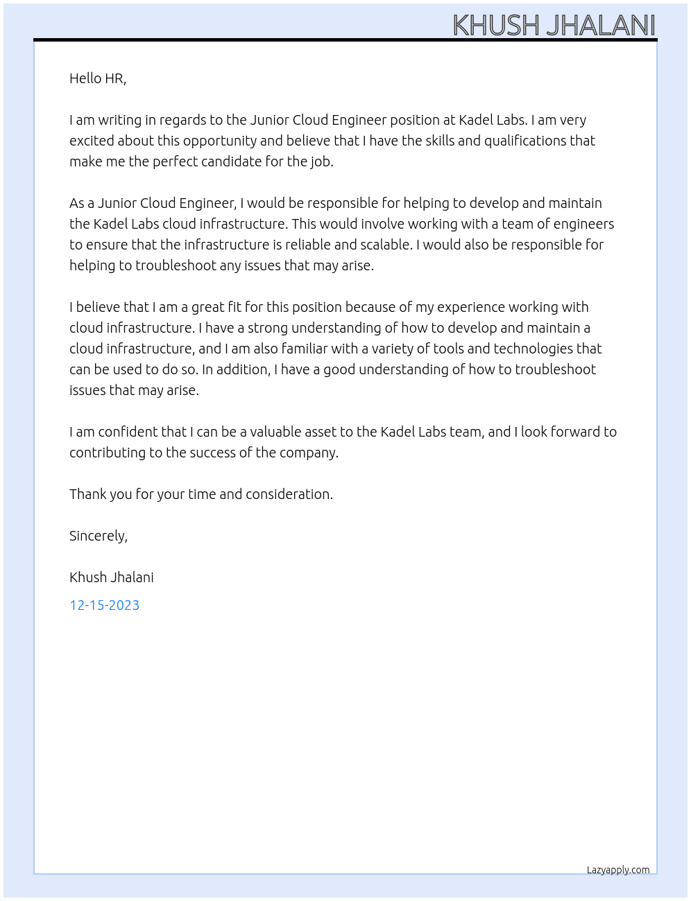 Junior Cloud Engineer At Kadel Labs Cover Letter