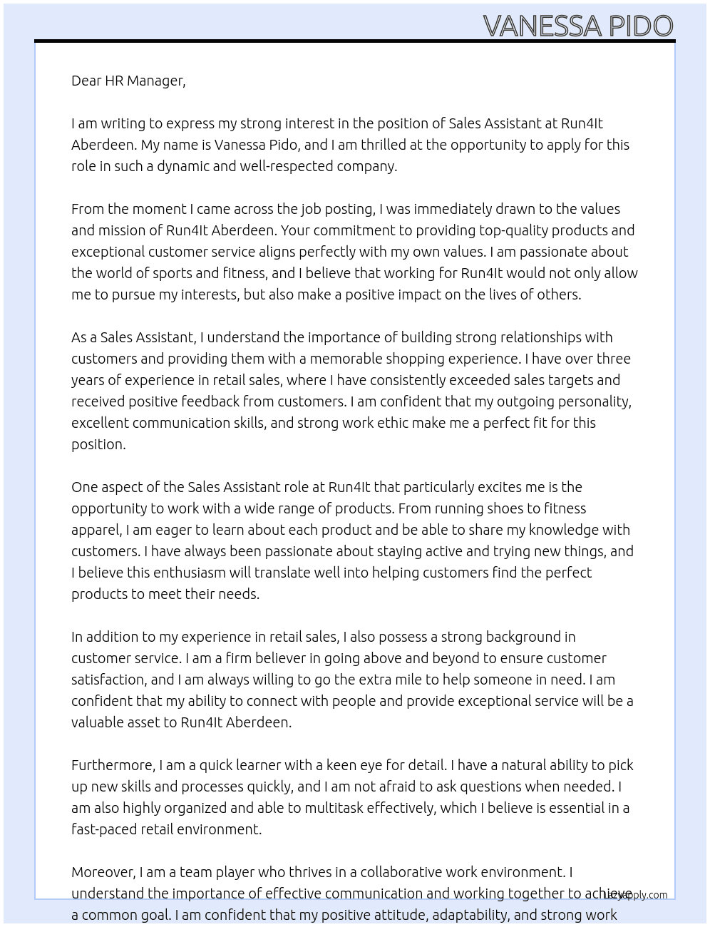 Sales Assistant  At Run4It Aberdeen  Cover Letter