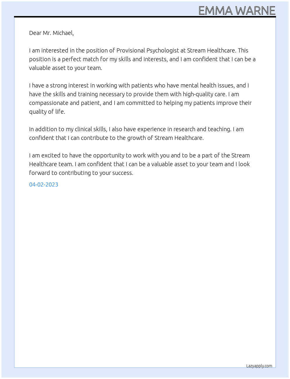 Provisional Psychologist At Stream Healthcare Cover Letter