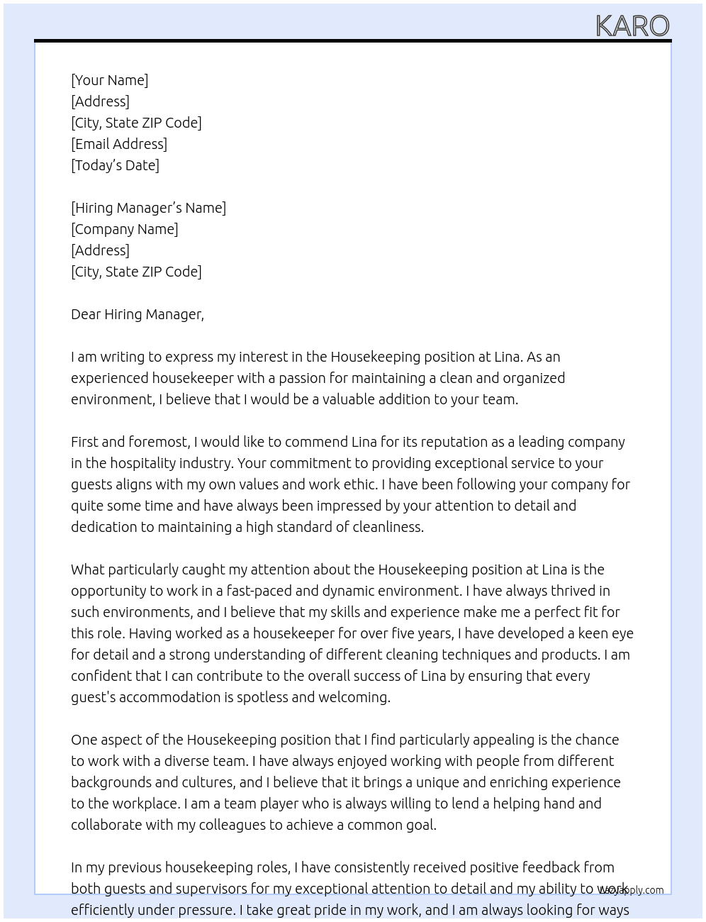 housekeeping At Lina Cover Letter