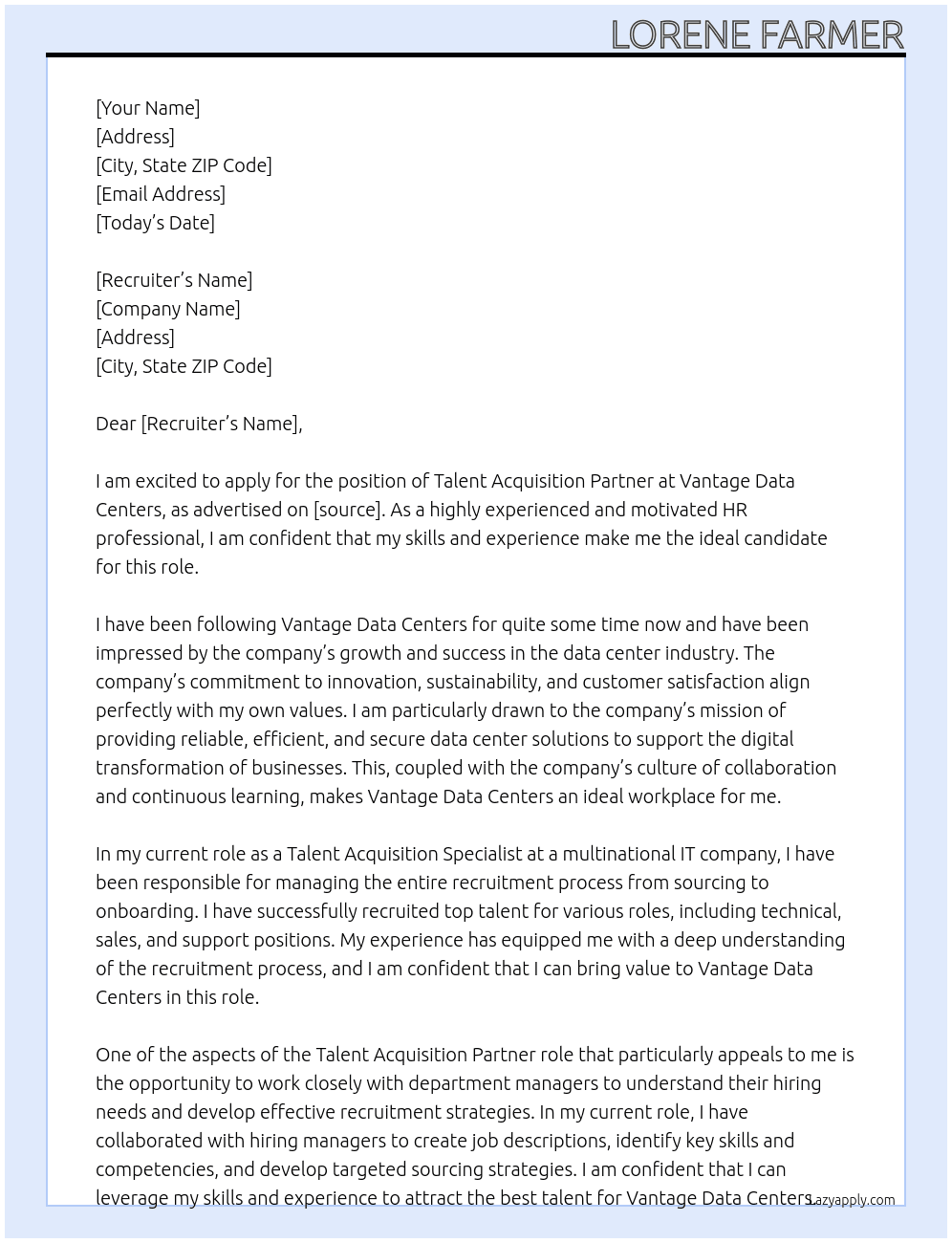 Talent Acquisition Partner At Vantage Data Centers Cover Letter
