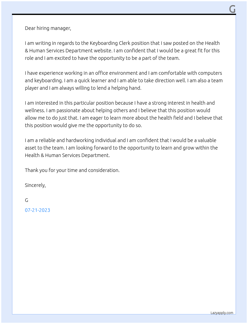 Keyboarding Clerk At Health & Human Services Department Cover Letter