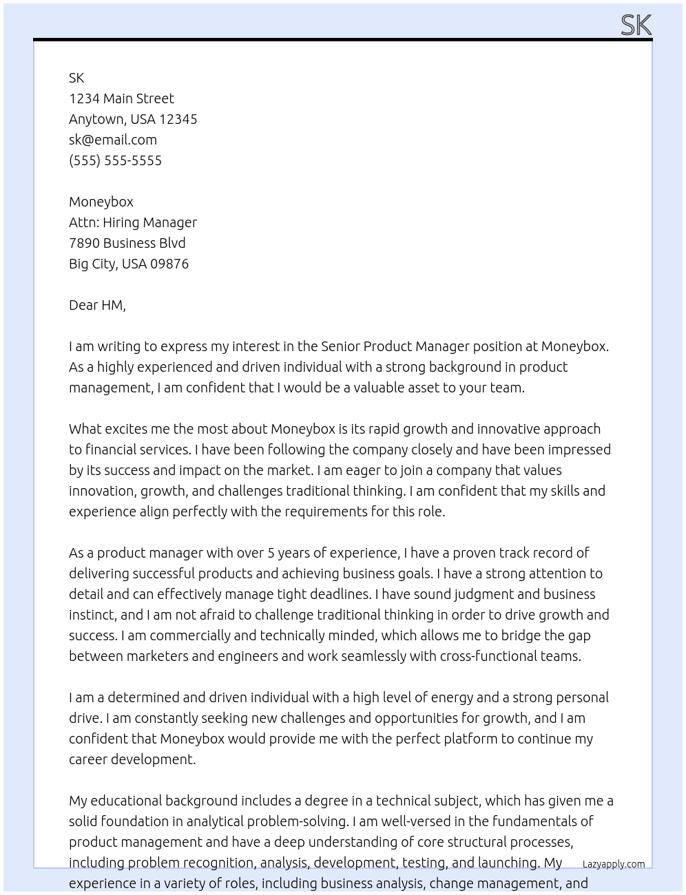 Senior Product Manager At Moneybox Cover Letter