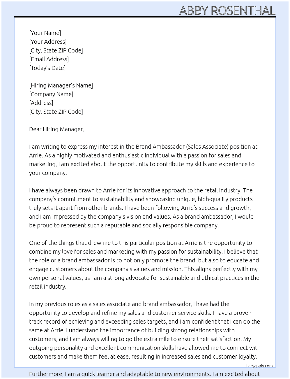 Brand Ambassador (Sales Associate) At Arrie Cover Letter