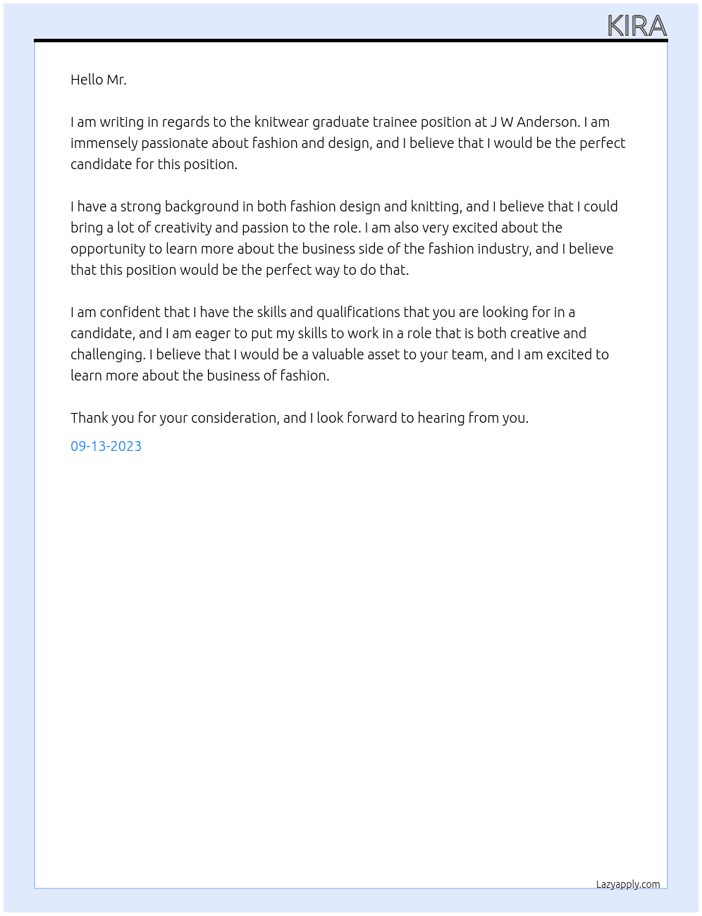 knitwear graduate trainee At J W Anderson  Cover Letter