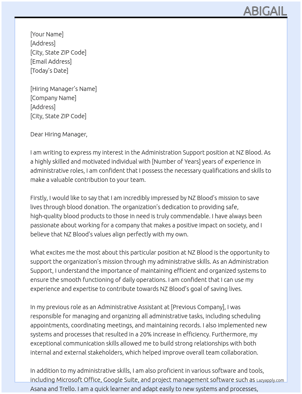 Administration Support At NZ Blood Cover Letter