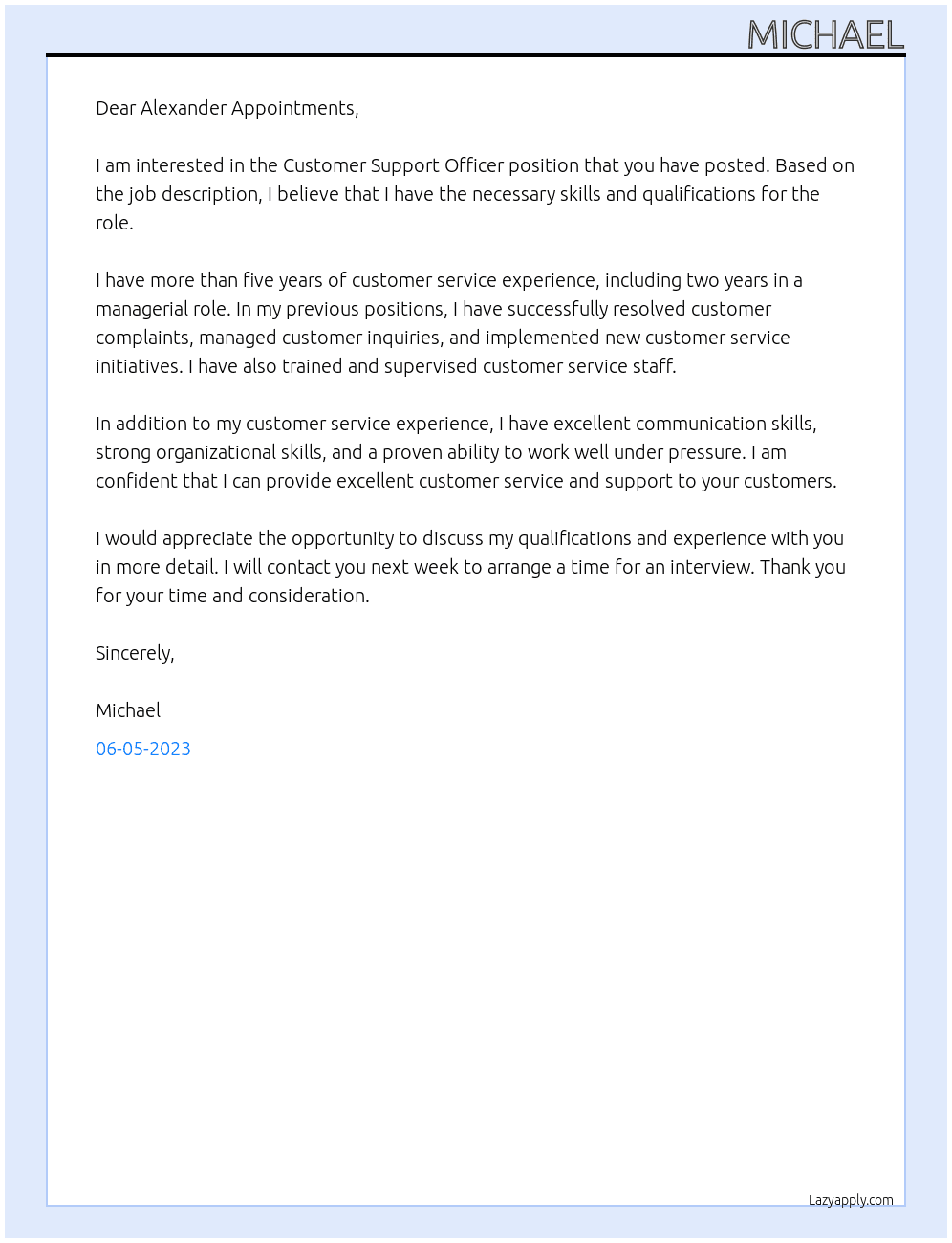 Customer Support Officer At Alexander Appointments Cover Letter