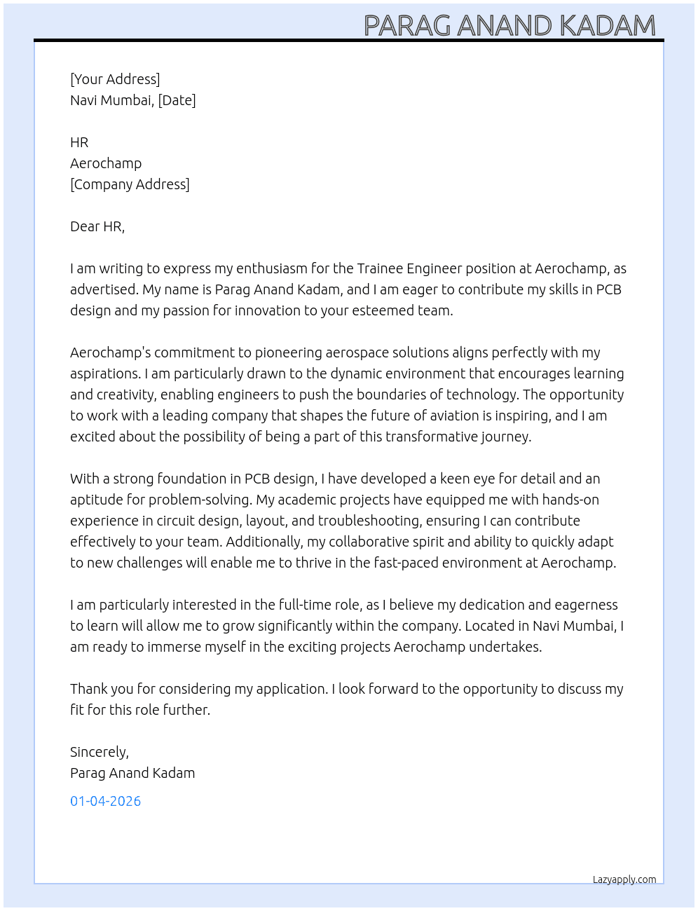 Trainee engineer  At Aerochamp Cover Letter
