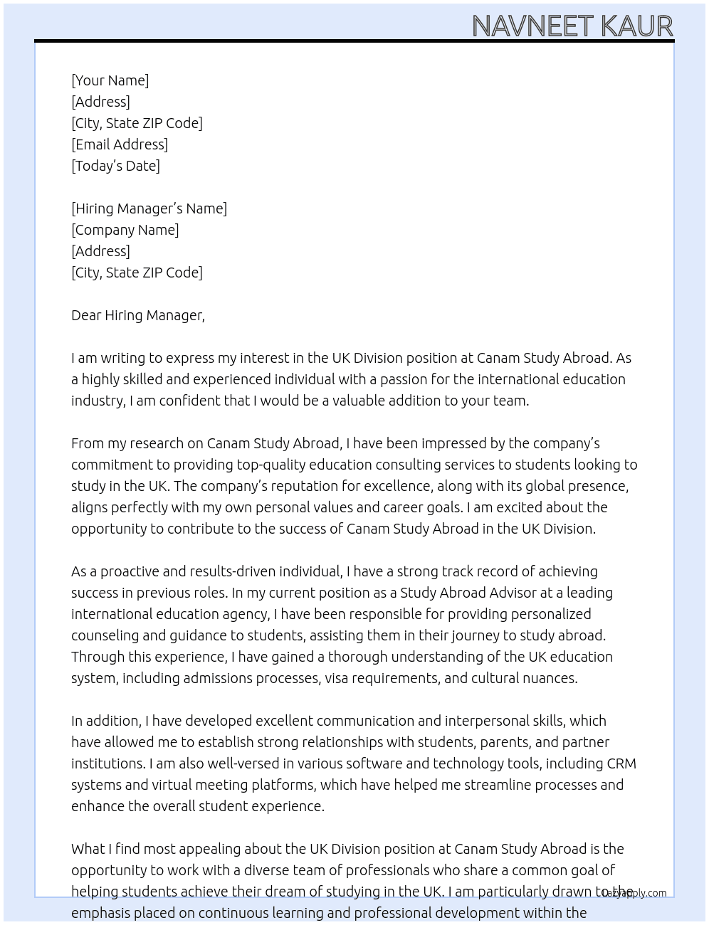UK Division At Canam Study Abroad Cover Letter
