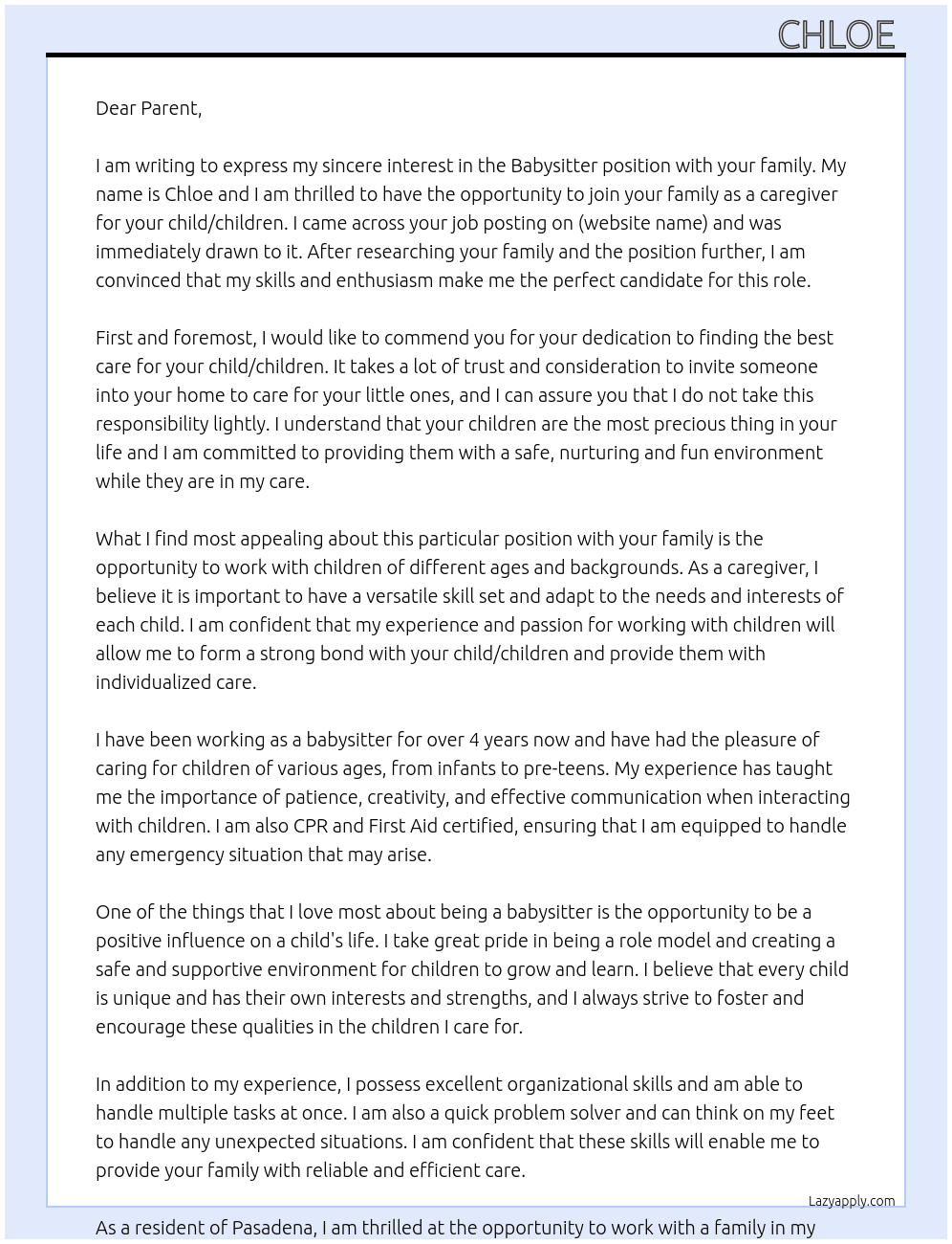 Babysitter At your family Cover Letter