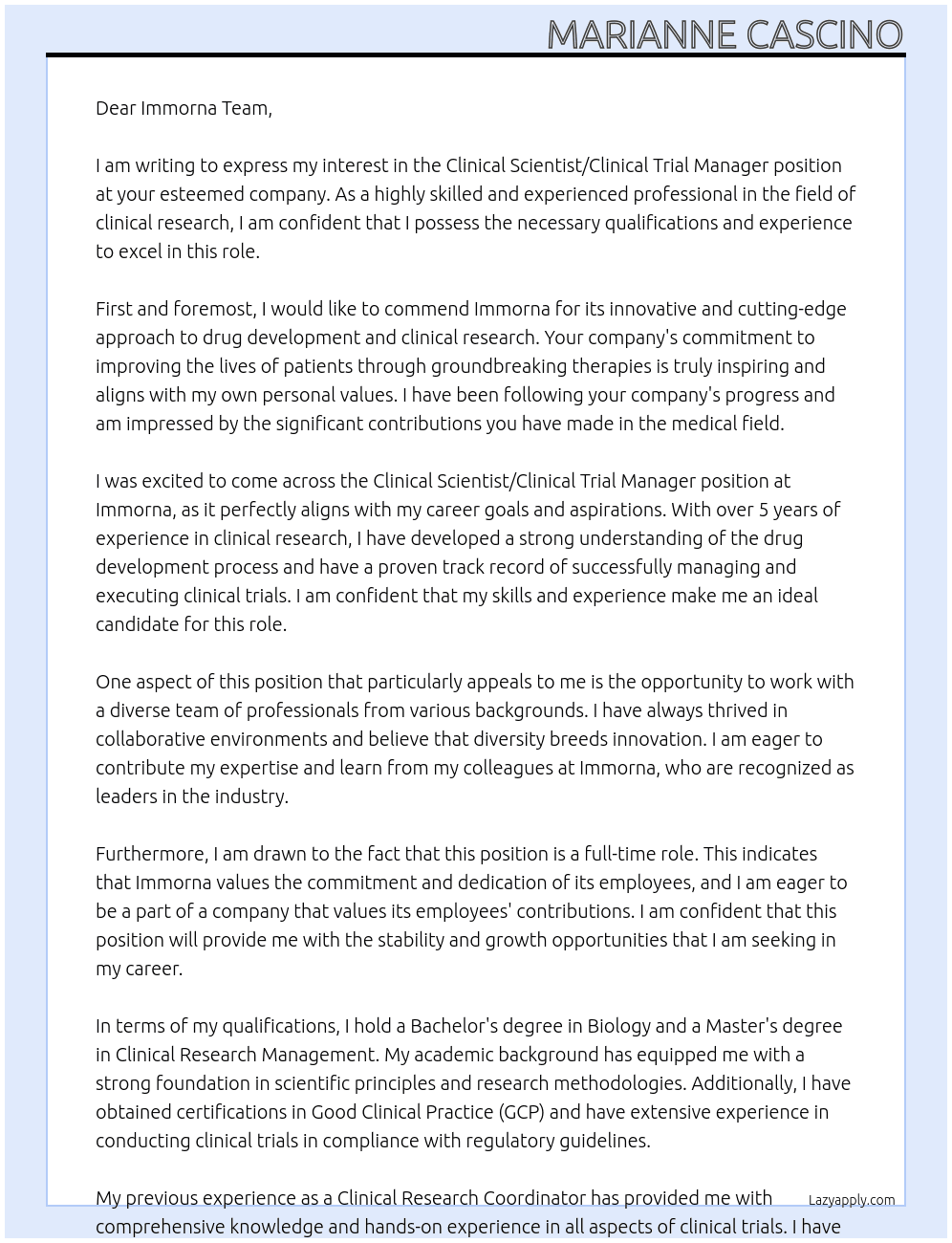 Clinical Scientist/Clinical Trial Manager At Immorna Cover Letter