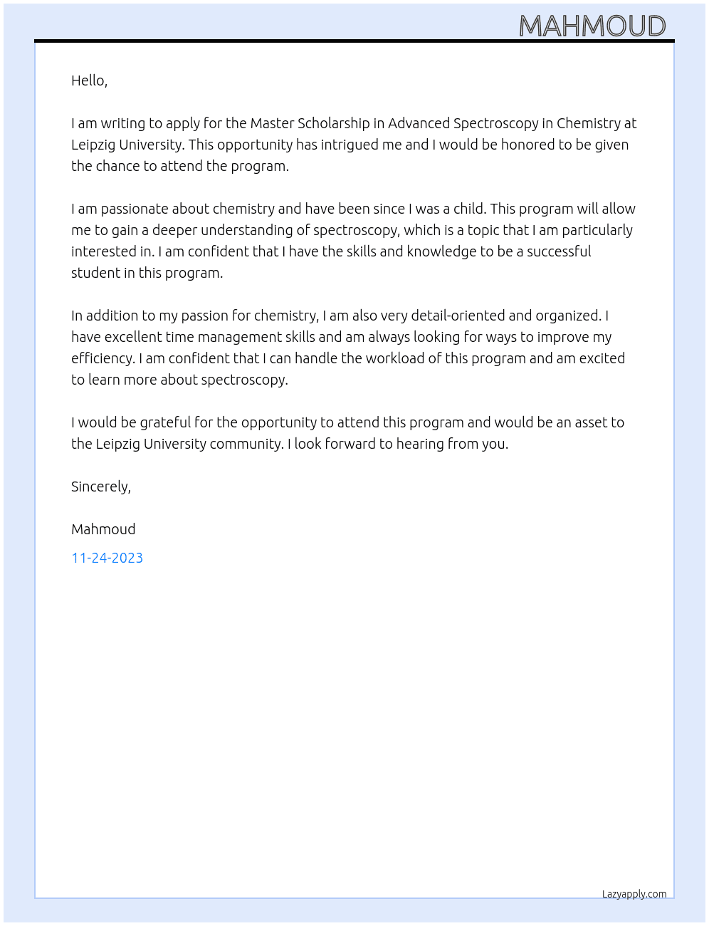 Master Schoolarship in Advanced Spectroscopy in Chemistry At Leipzig University Cover Letter