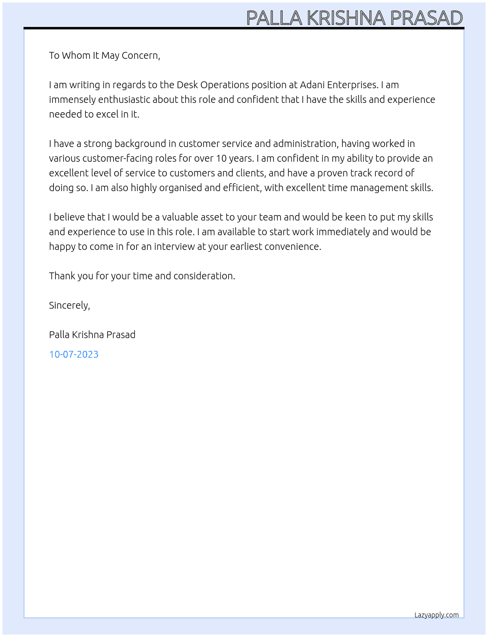 DESK OPERATIONS At ADANI ENTERPRISES Cover Letter