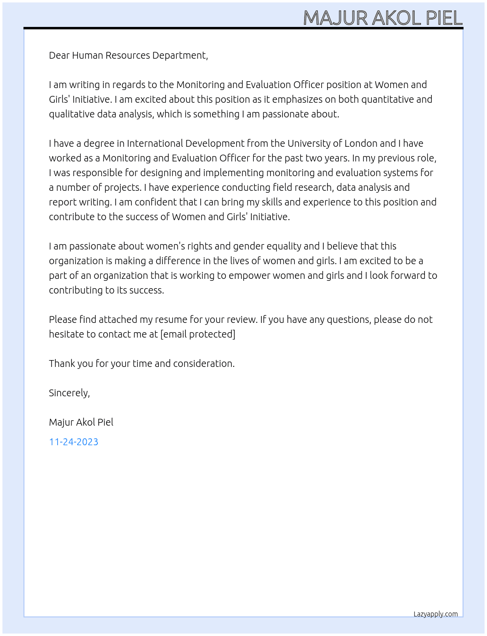 Monitoring and Evaluation Officer  At Women and Girls' Initiative  Cover Letter
