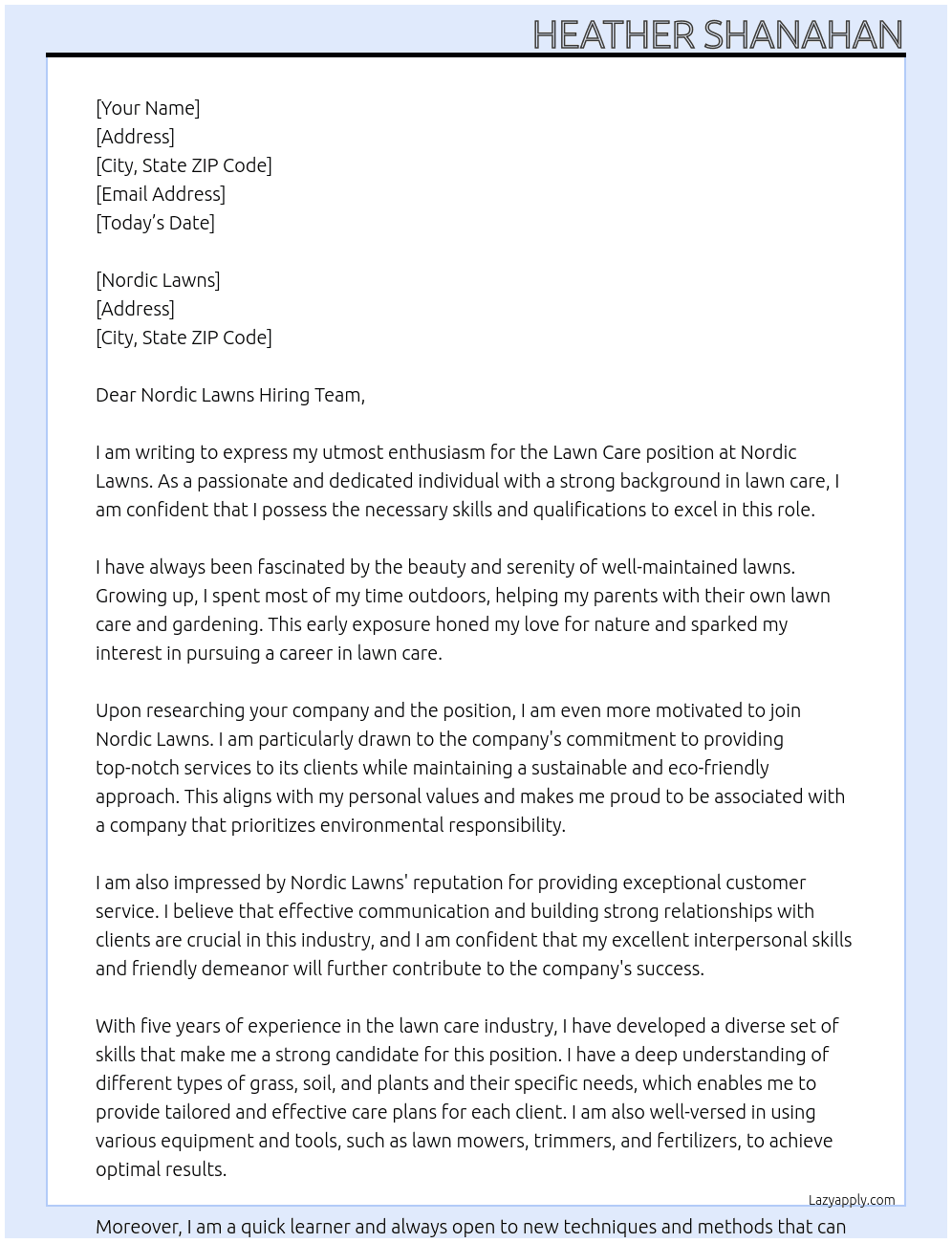 Lawn Care At Nordic lawns Cover Letter