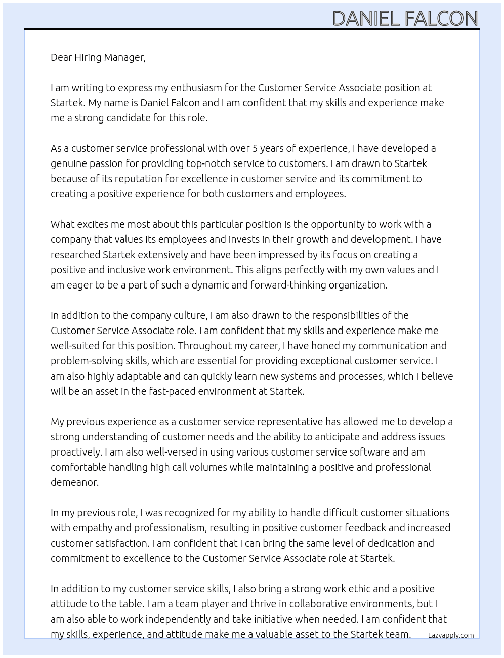 Customer Service Associate At Startek Cover Letter