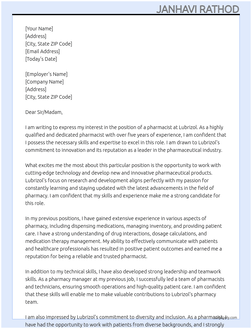 pharmacist At lubrizol Cover Letter
