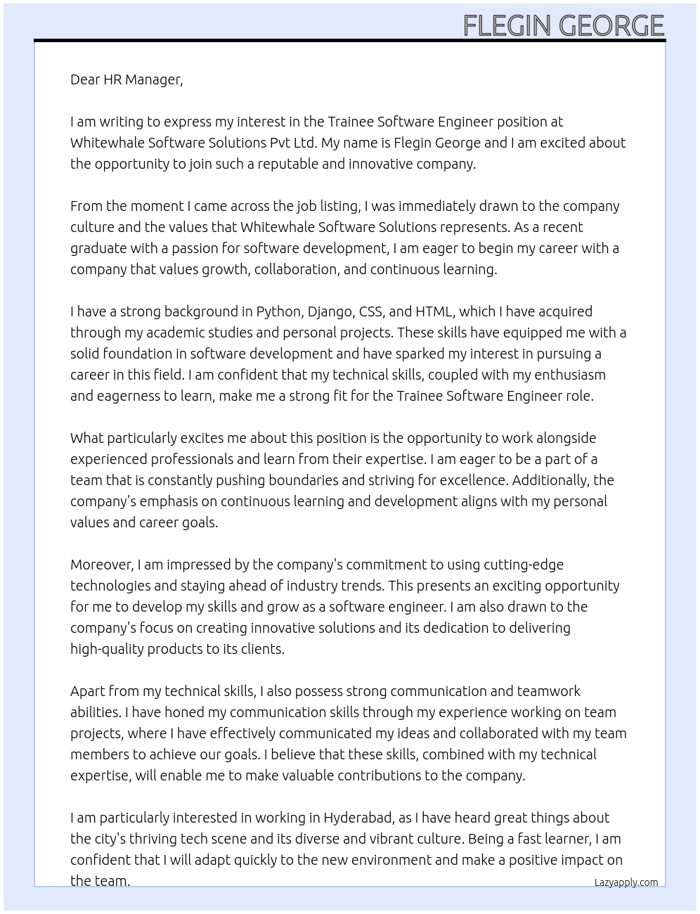 Trainee Software Engineer At Whitewhale software solutions pvt ltd Cover Letter