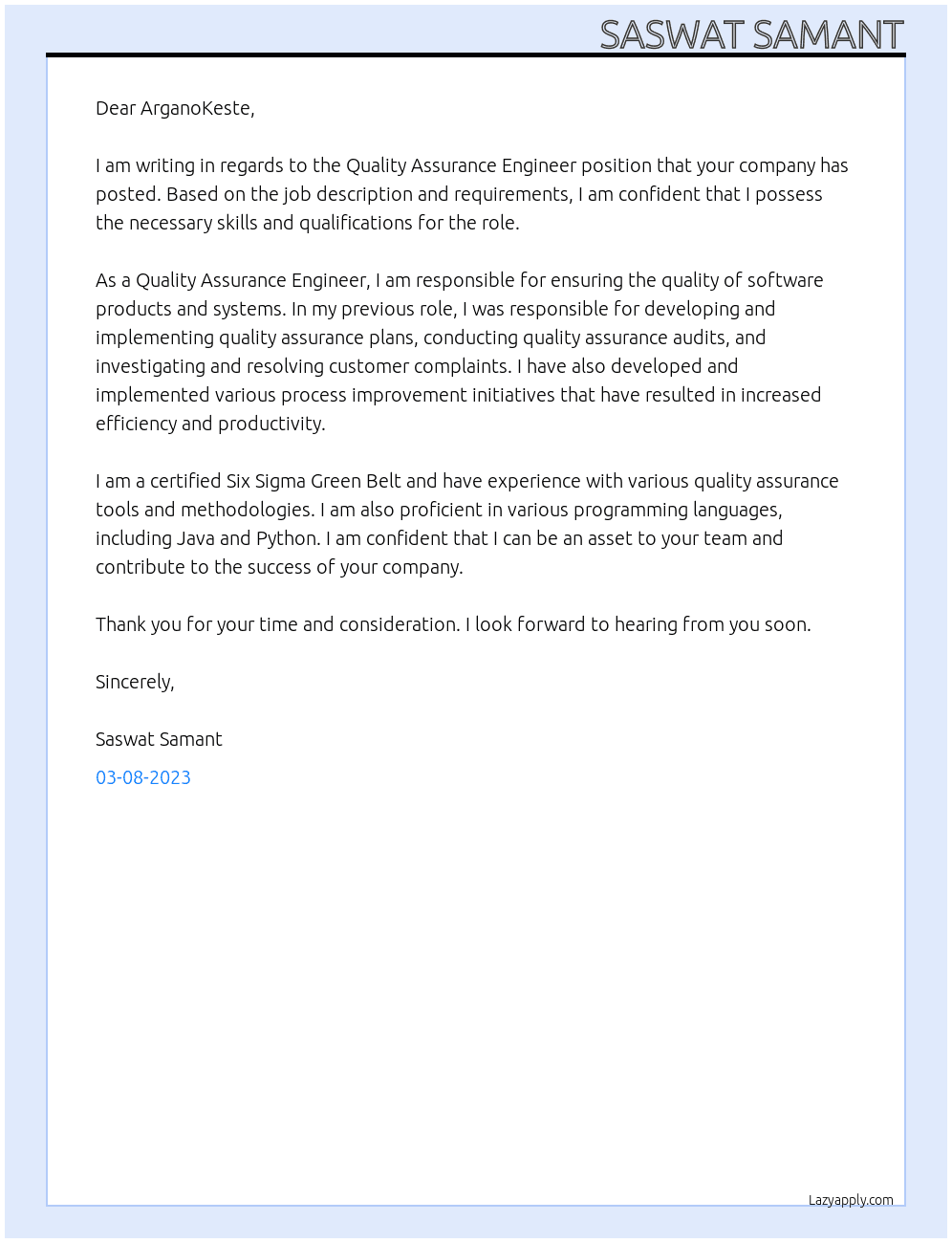 Quality Assurance Engineer At ArganoKeste Cover Letter