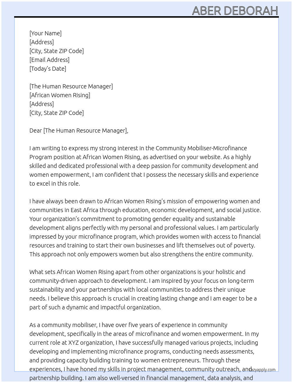 community mobiliser-Microfinance Program At African Women Rising Cover Letter