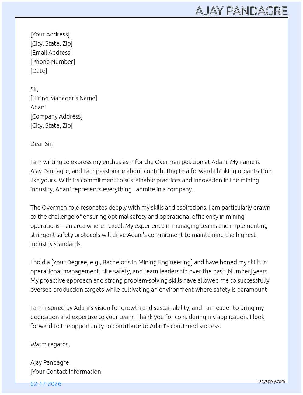 Overman  At Adani Cover Letter