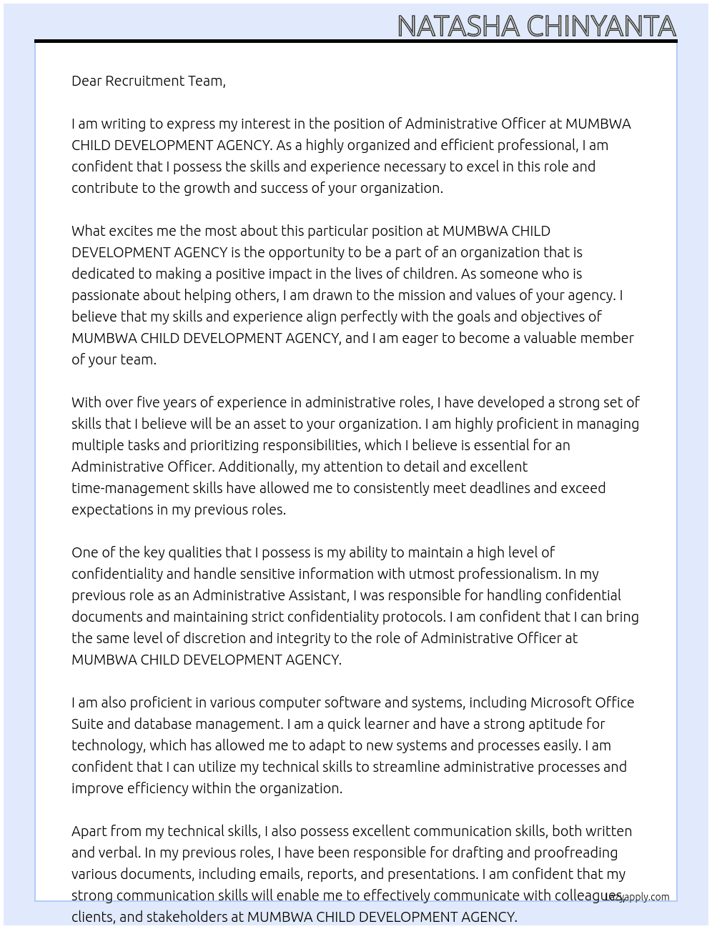 Administrative Officer At MUMBWA CHILD DEVELOPMENT AGENCY Cover Letter