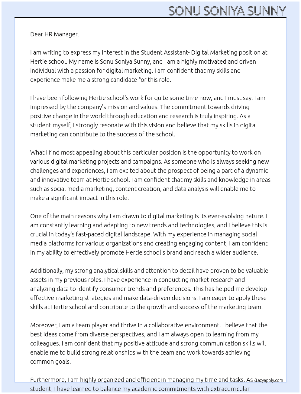 Student assistant- Digital Marketing At Hertie school Cover Letter
