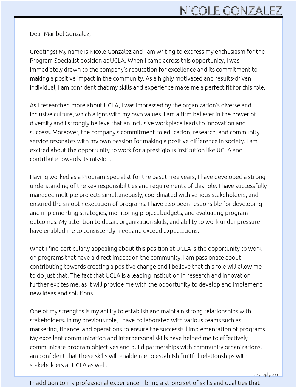 Program specialist At Ucla Cover Letter