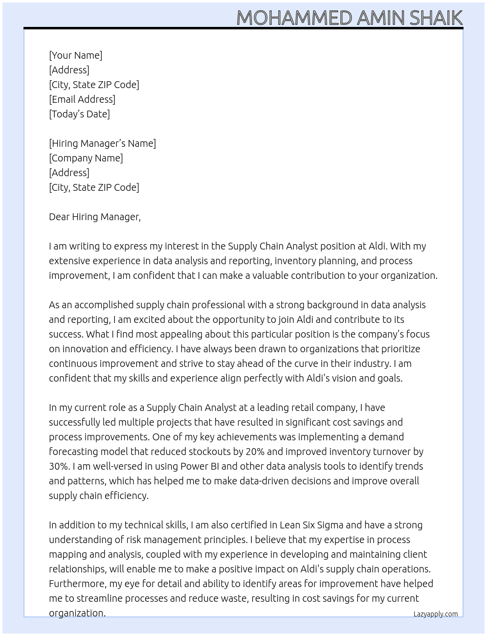 Supply Chain Analyst At Aldi Cover Letter