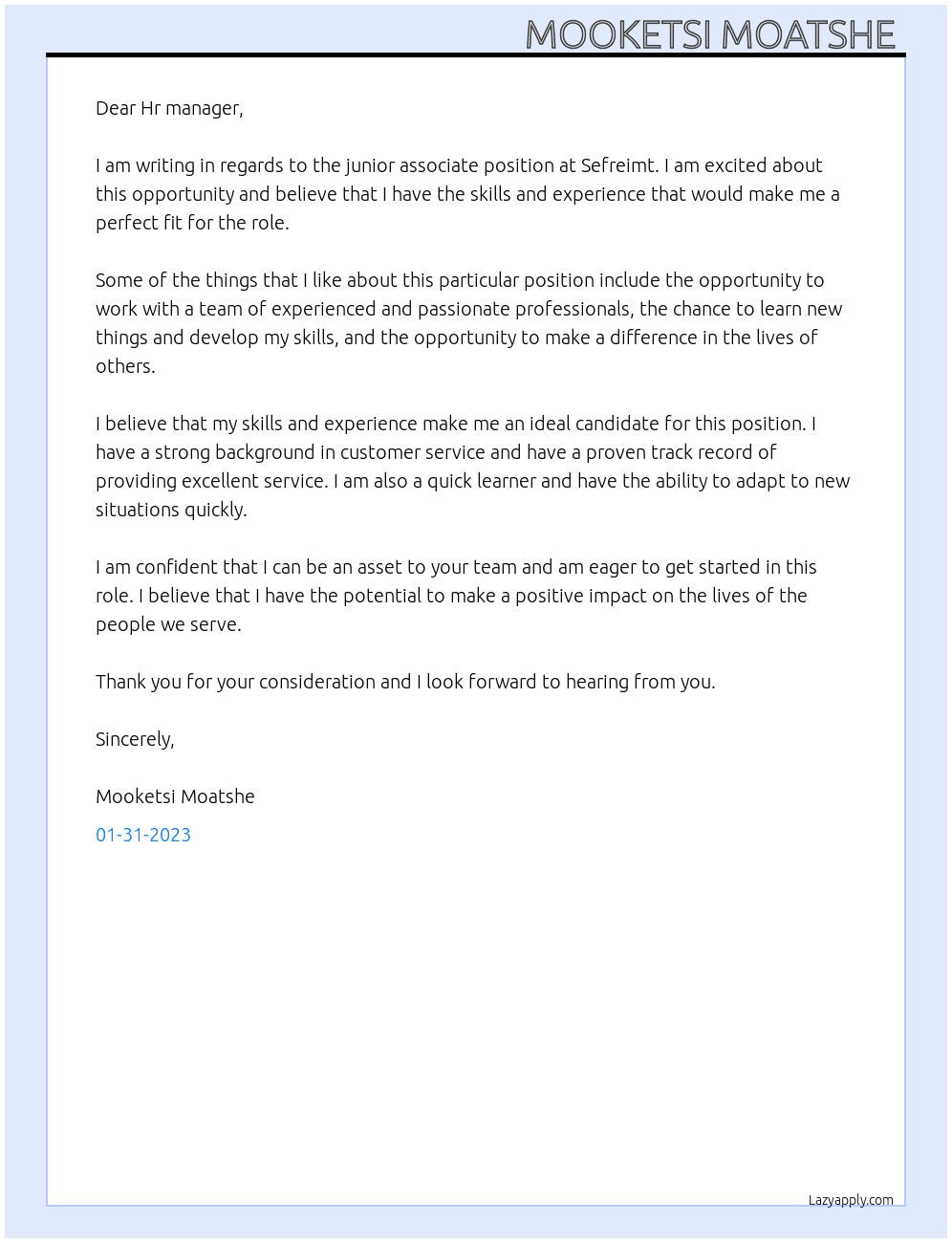 Junior associate  At Sefreimt Cover Letter
