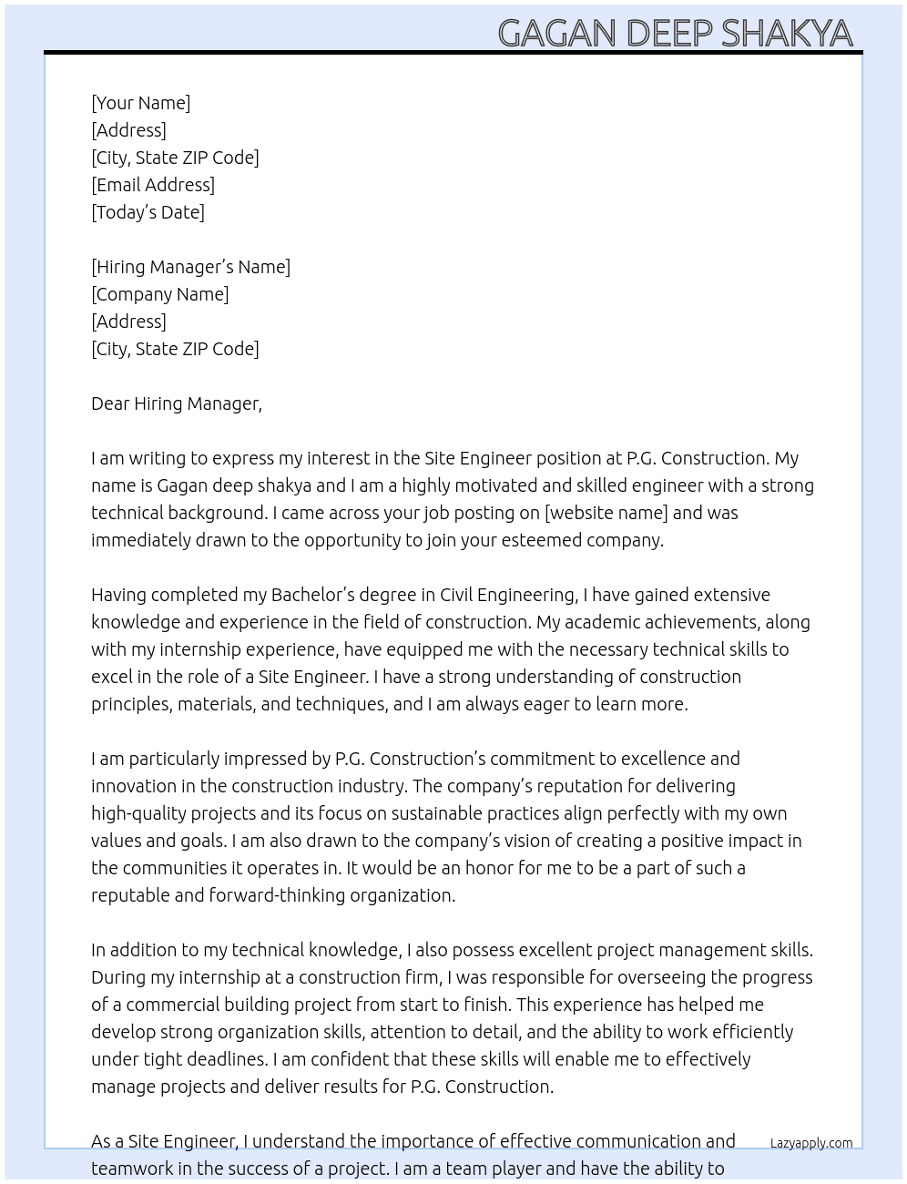 Site engineer  At P.g. construction  Cover Letter