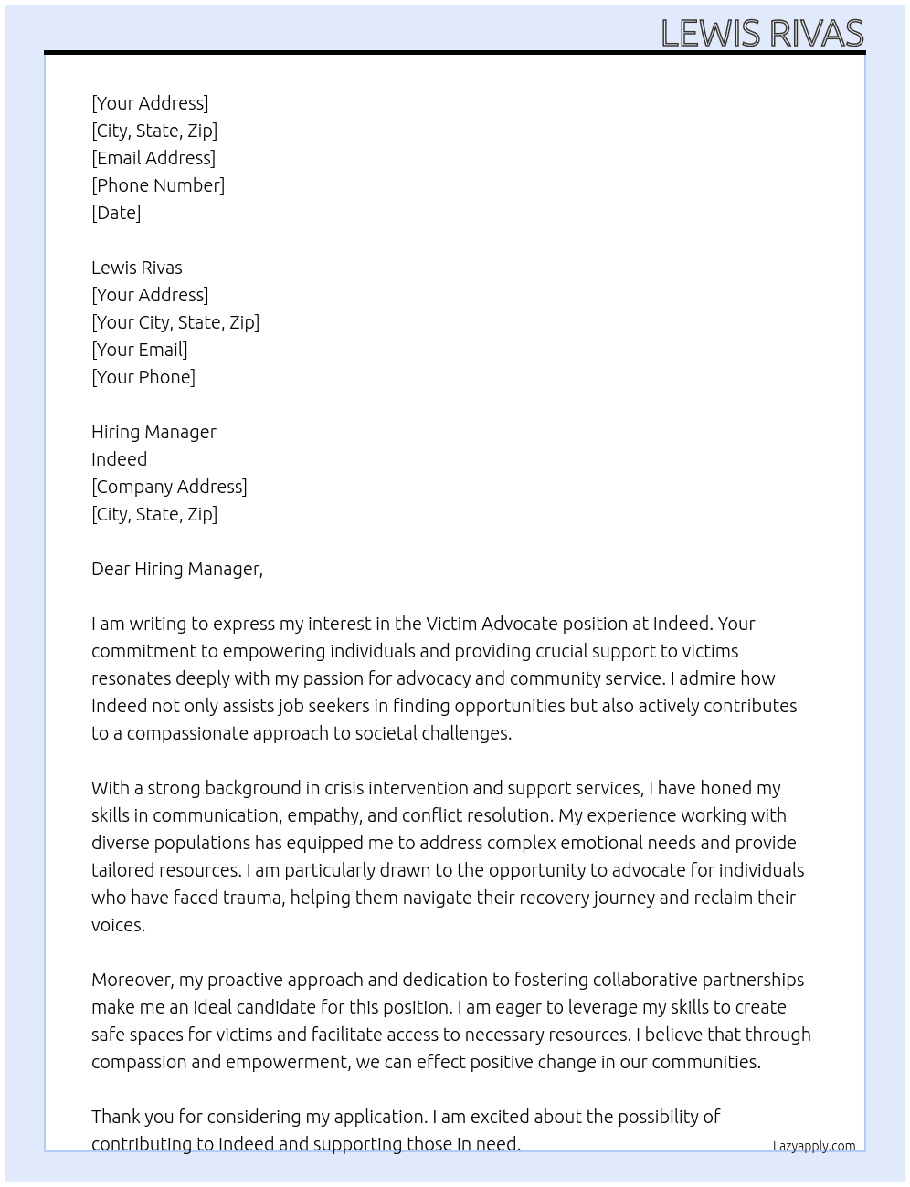 Cover letter for victim advocate - LazyApply