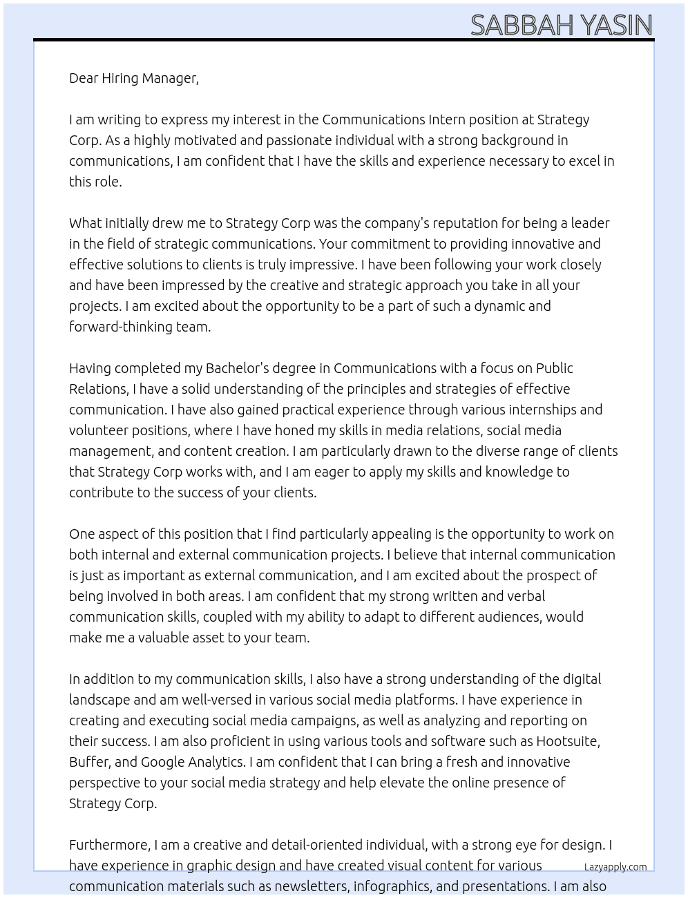 Communications Intern At Strategy Corp Cover Letter