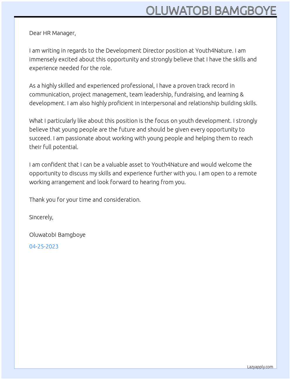 Development Director At Youth4Nature Cover Letter