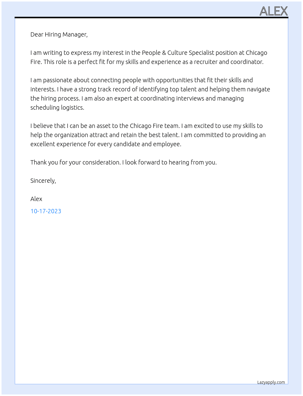 People & Culture Specialist At Chicago Fire Cover Letter