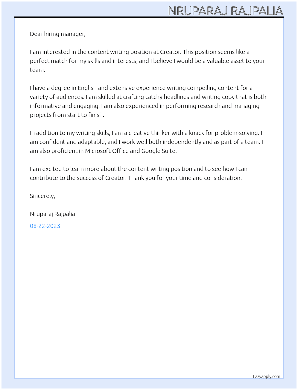 Content writing At Creator Cover Letter