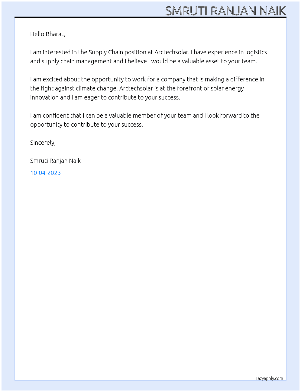 Supply Chain At Arctechsolar Cover Letter