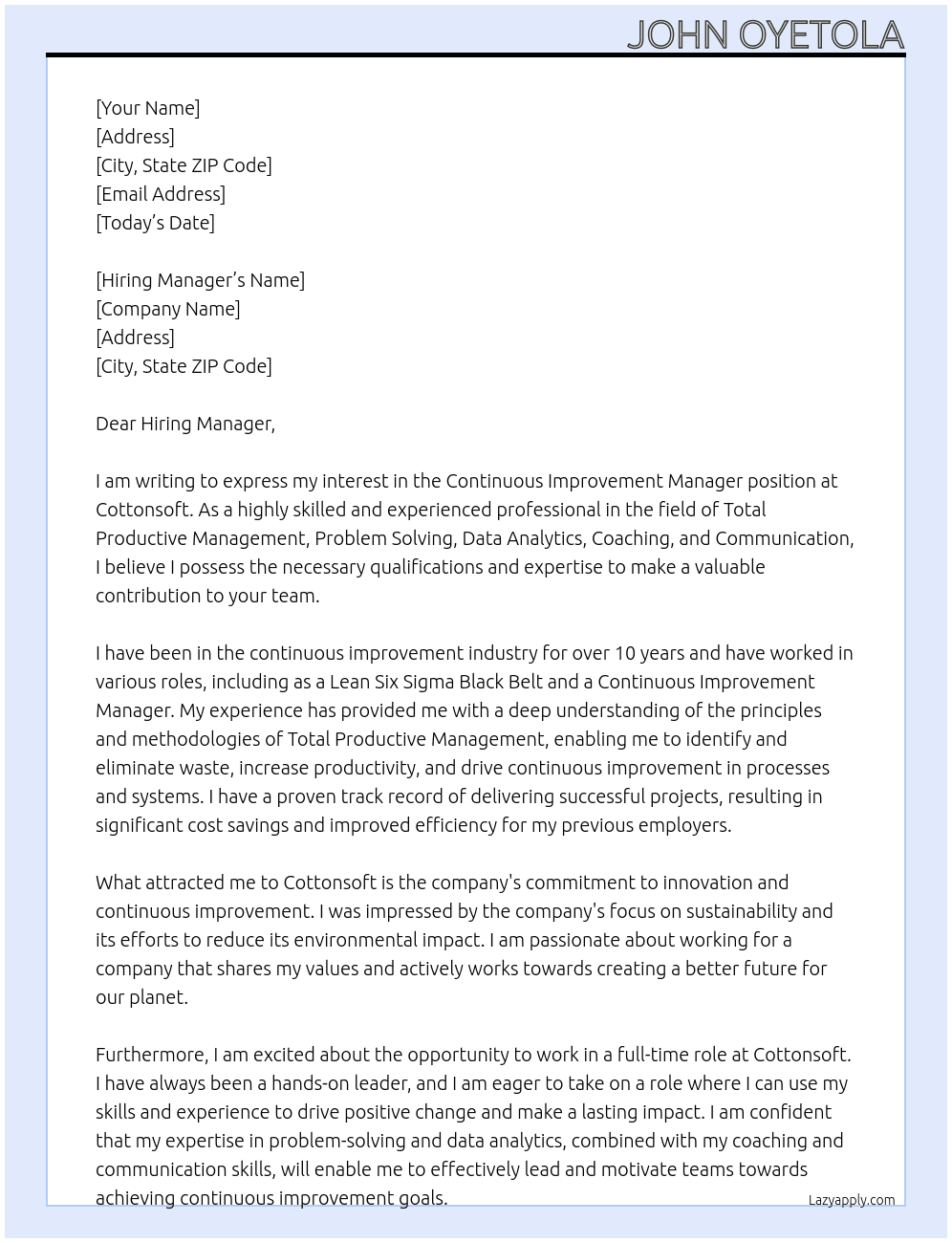 Continuous Improvement Manager At Cottonsoft Cover Letter