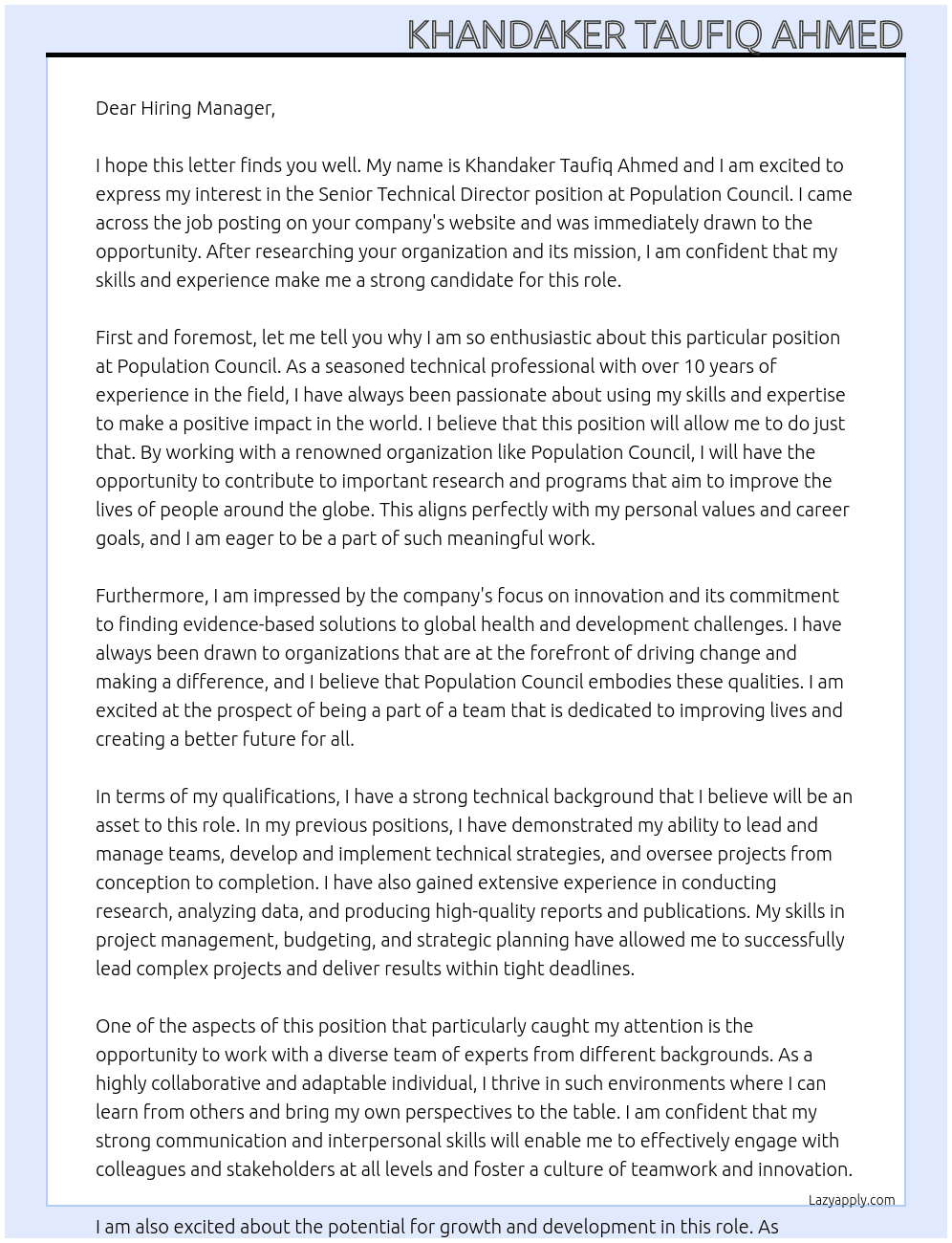 Senior Technical Director (Associate I or Associate II) At Population Council Cover Letter