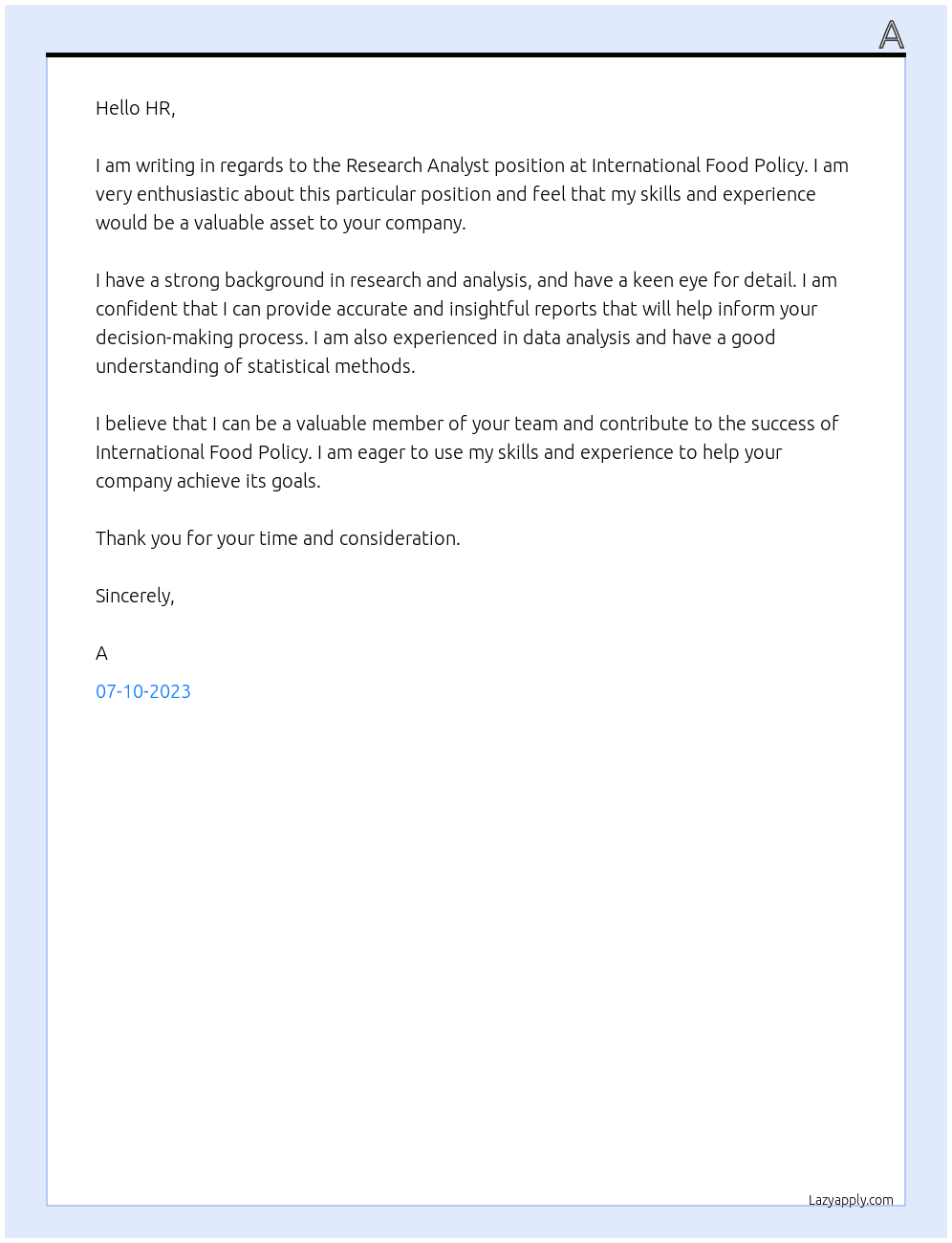 Research Analyst At International Food Policy Cover Letter
