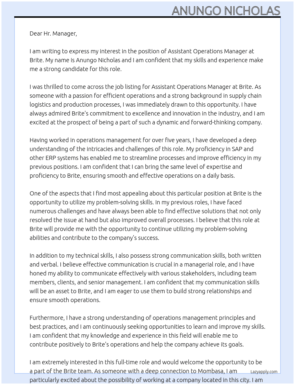 Cover letter for assistant operations manager - LazyApply