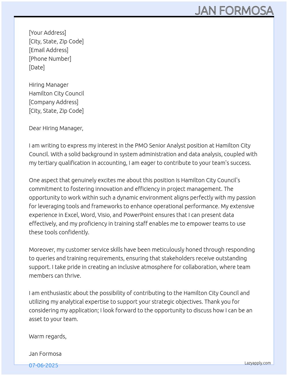 Cover letter for pmo senior analyst - LazyApply