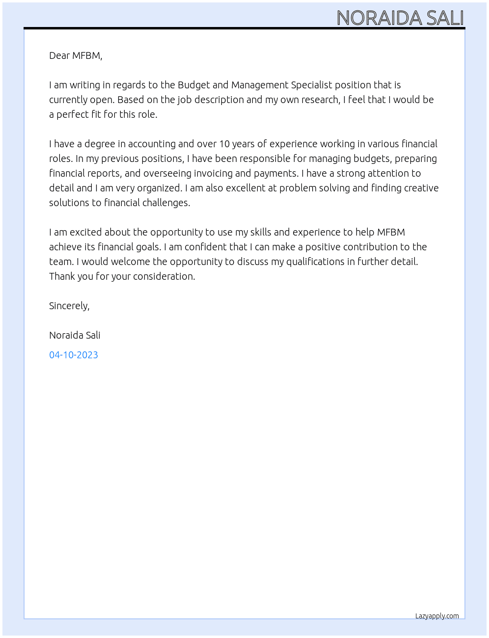 Budget and Management Specialist  At MFBM Cover Letter